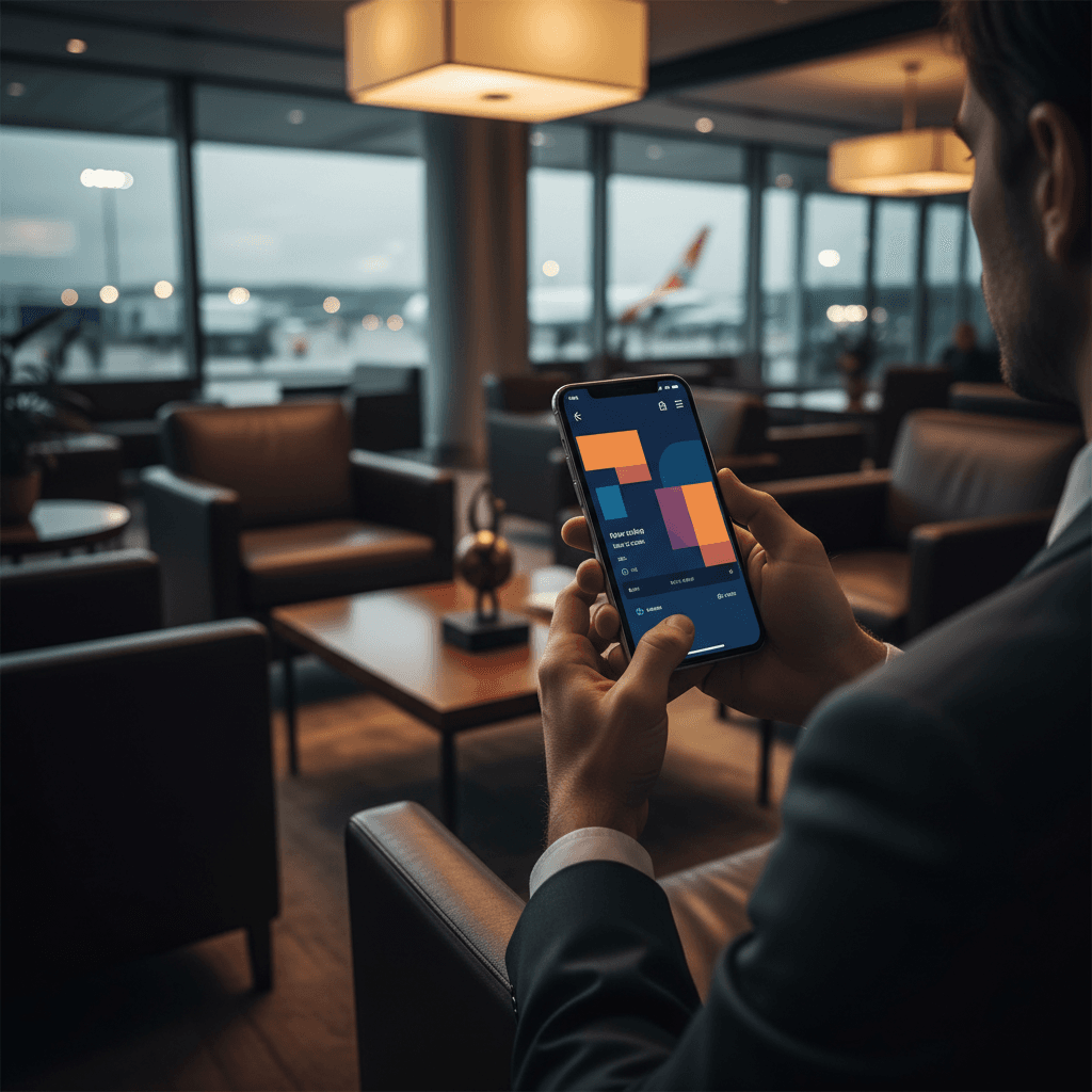 A businessman's hands holding a smartphone showing a flight booking screen, sitting in a sophisticated airport lounge. Focus on the hands and the atmosphere. No face. Cinematic lighting.