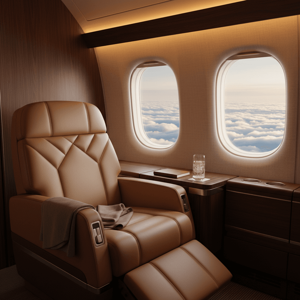豪華な飛行機のファーストクラスの座席。柔らかな照明と上質なレザーの質感が強調されている。