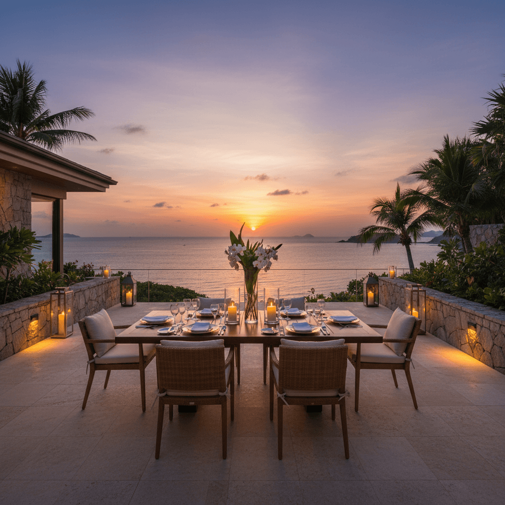 夕暮れ時の豪華なプライベートヴィラのテラス。海が見渡せ、家族向けのダイニングセットが整えられている。温かみのある照明と高級感のある雰囲気。人物や文字はなし。