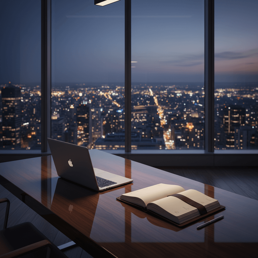 都会の夜景を望むモダンで洗練されたオフィスのデスク。高級感のあるノートPCとレザースケジュール帳が置かれている。