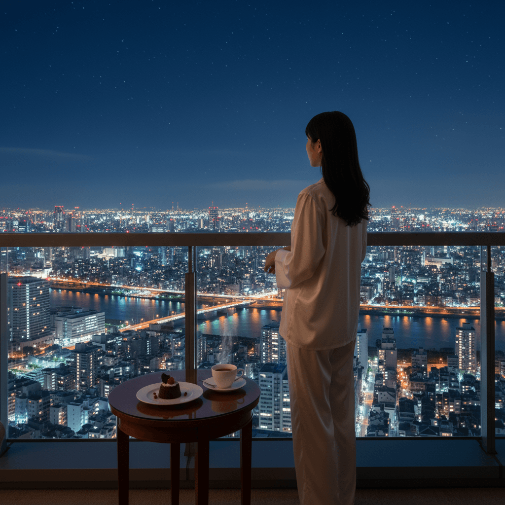 ラグジュアリーなホテルの部屋から夜景を眺める女性の背中。落ち着いた雰囲気で、テーブルにはコーヒーカップが置かれている。