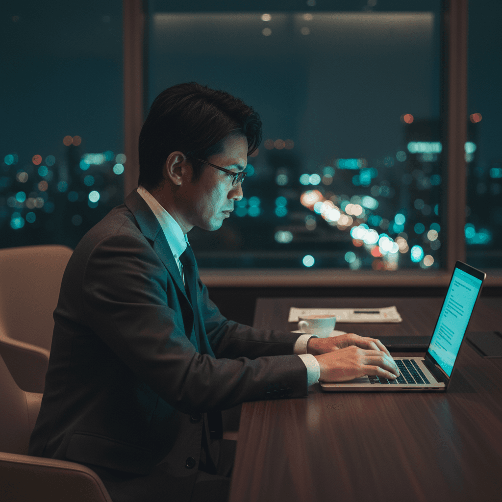 パソコンの前で落胆する30代の日本人男性会社員。横顔で、落ち着いたオフィスの雰囲気。