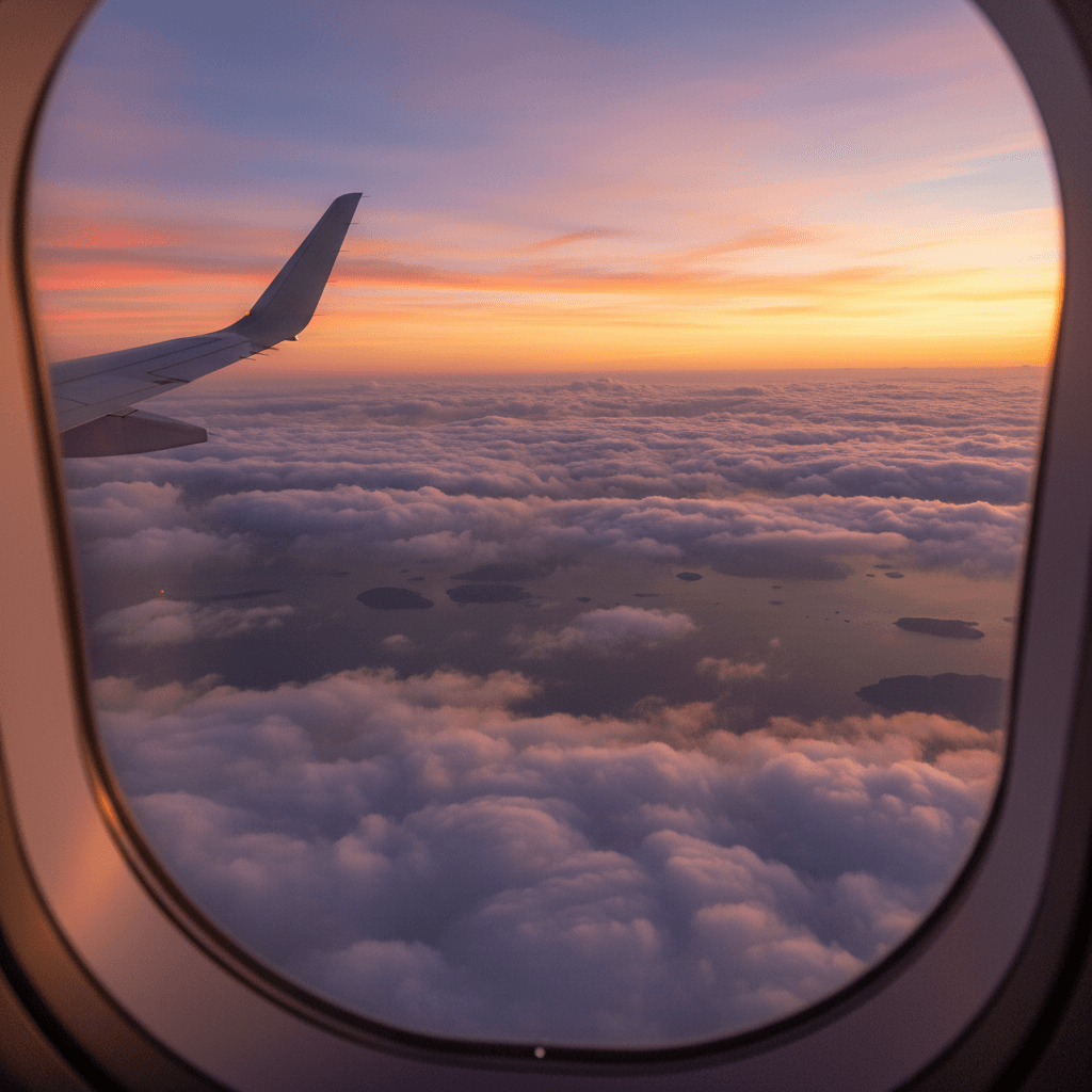A view of the sky and clouds from an airplane window during sunset, symbolizing travel and freedom.