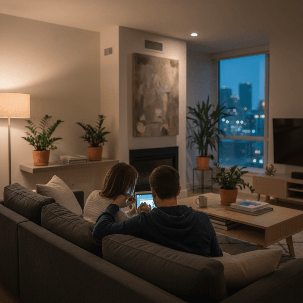 リビングでタブレットを見ながら家計について話し合う夫婦のイメージ(背後からのアングル)