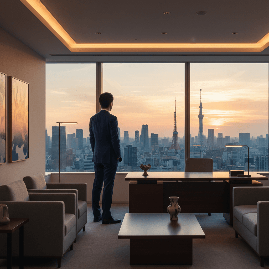 都会の夜景を背景に、モダンなオフィスで思索にふける30代の日本人経営者。背中越しに成功者の風格が漂う。