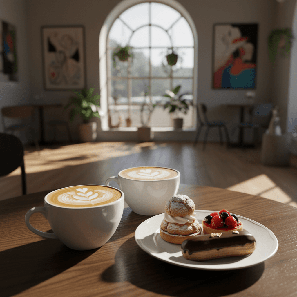 お洒落なカフェのテーブルに置かれたコーヒーとスイーツ