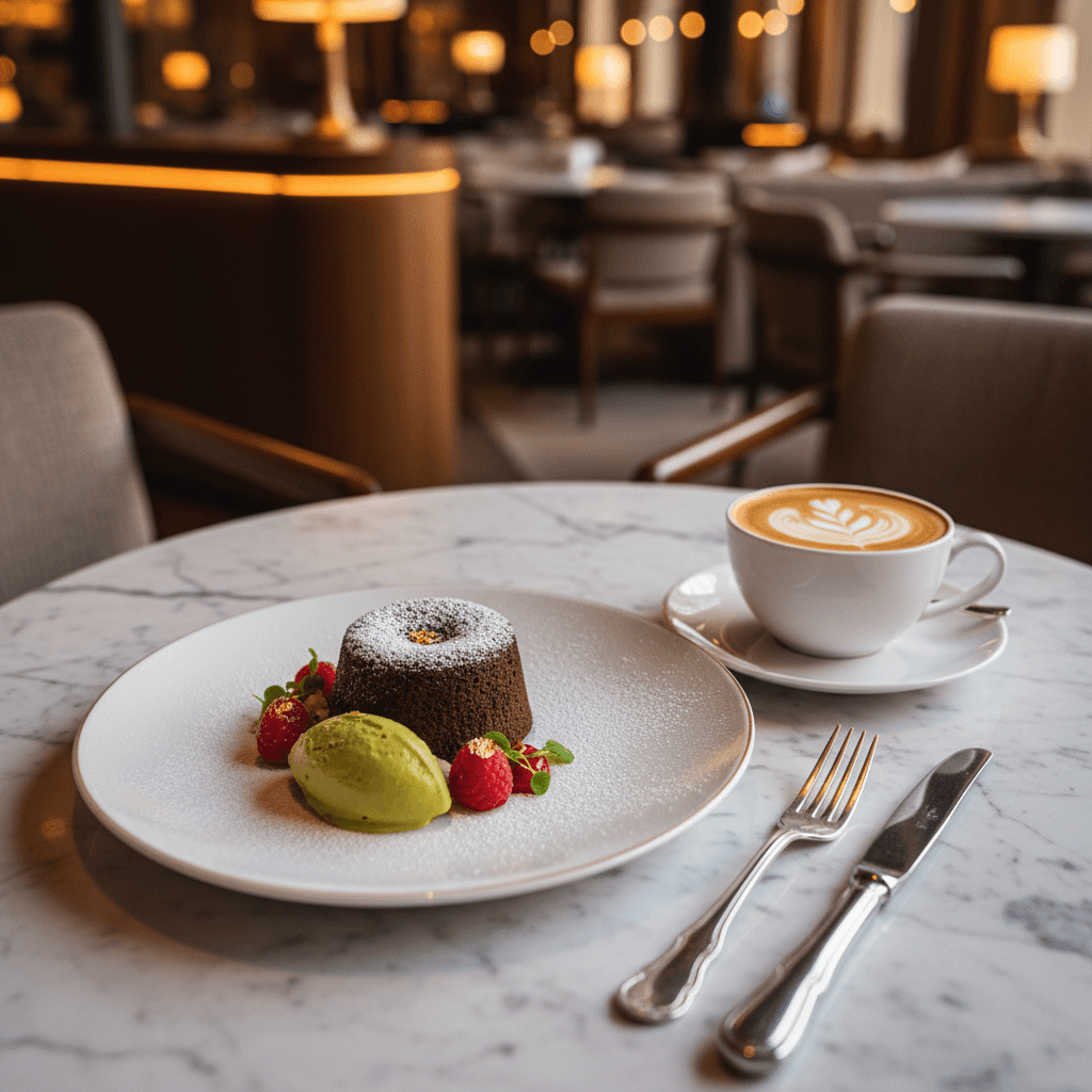 高級感のあるカフェのテーブルセッティング。美しく盛り付けられたスイーツが、家族の会話を弾ませる。