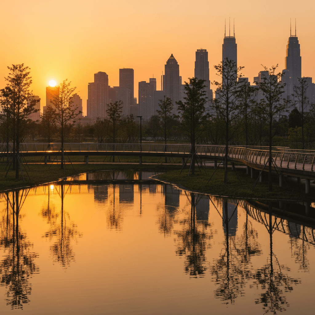 夕暮れ時の美しい都市公園の風景。遠くに街の灯りが見え、充実した一日を締めくくる穏やかな空気感。