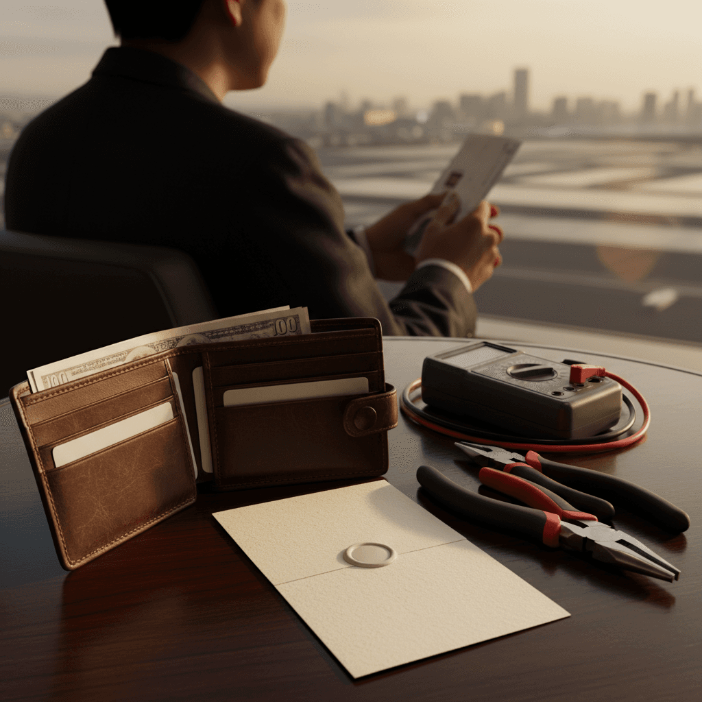 電気技工士の道具と結婚式の招待状が置かれたデスク