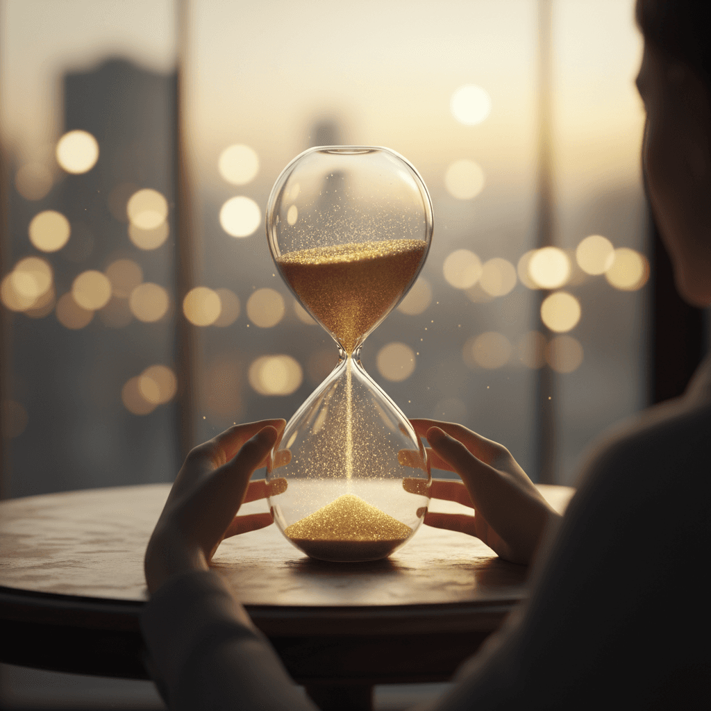 砂が止まった幻想的な砂時計。背景は柔らかな光。