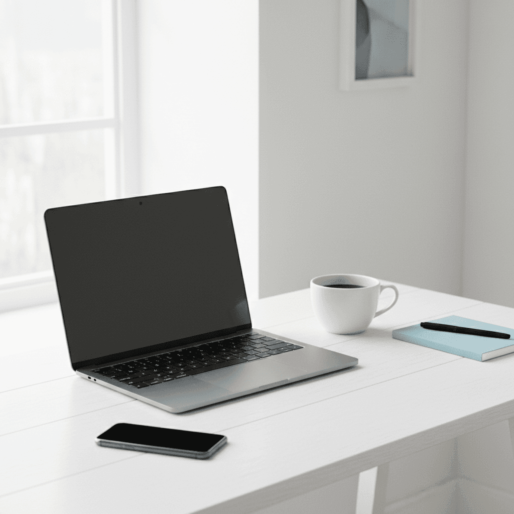 A modern, minimalist desk with a smartphone, a laptop, a notebook, and a cup of coffee, representing a student's lifestyle. Bright and clean aesthetic.