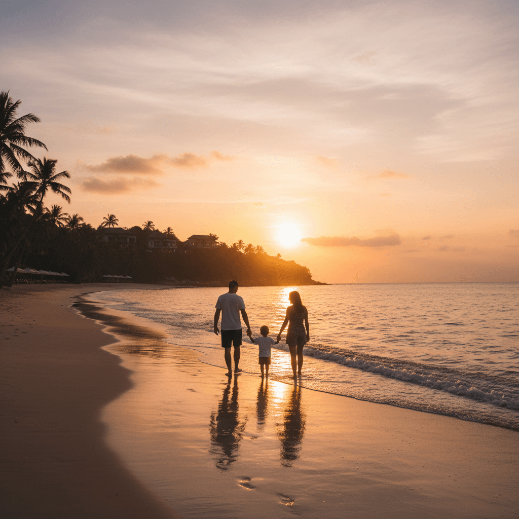 リゾート地で海を眺める家族のシルエット