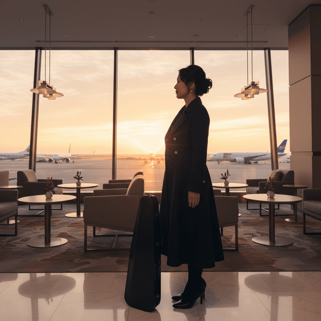 Modern airport lounge with a professional female violinist