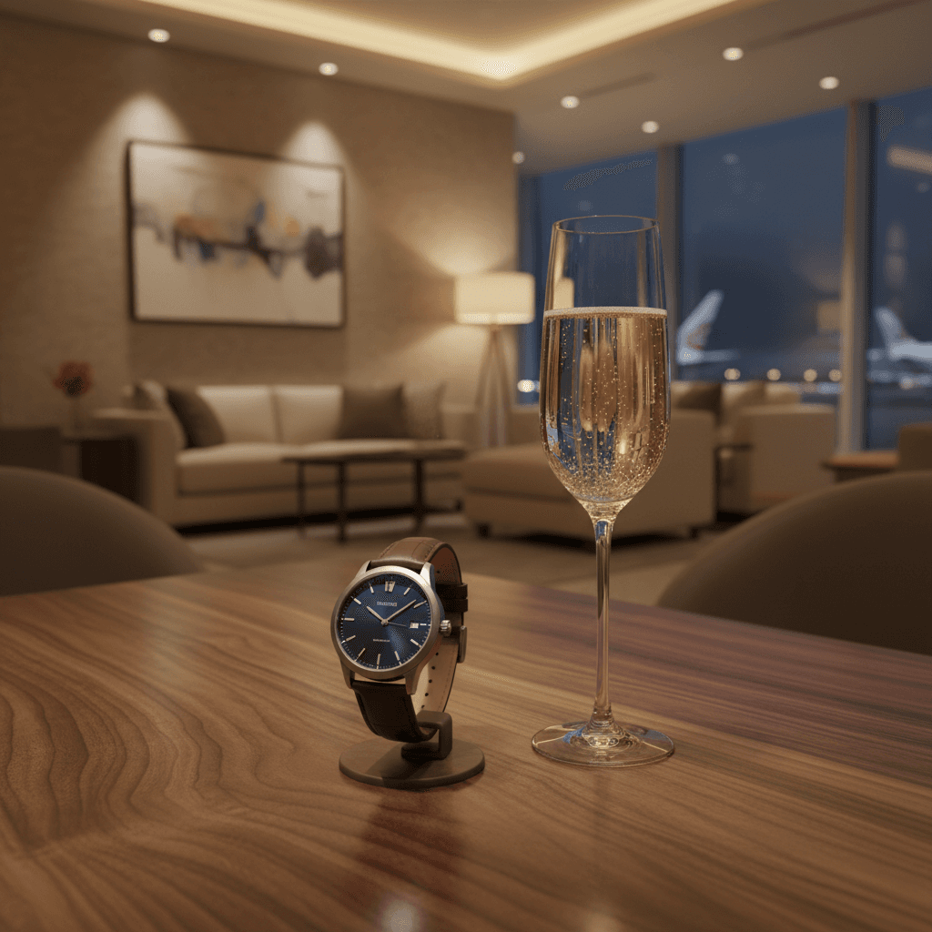 ラグジュアリーな空港ラウンジのテーブルに置かれた高級時計とシャンパングラス
