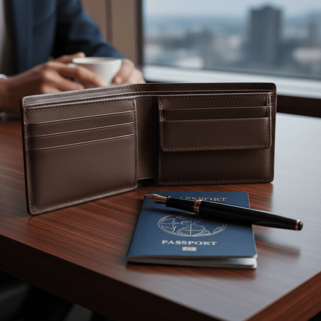 木製のデスクの上に置かれた、上質な革の財布とパスポート、万年筆。