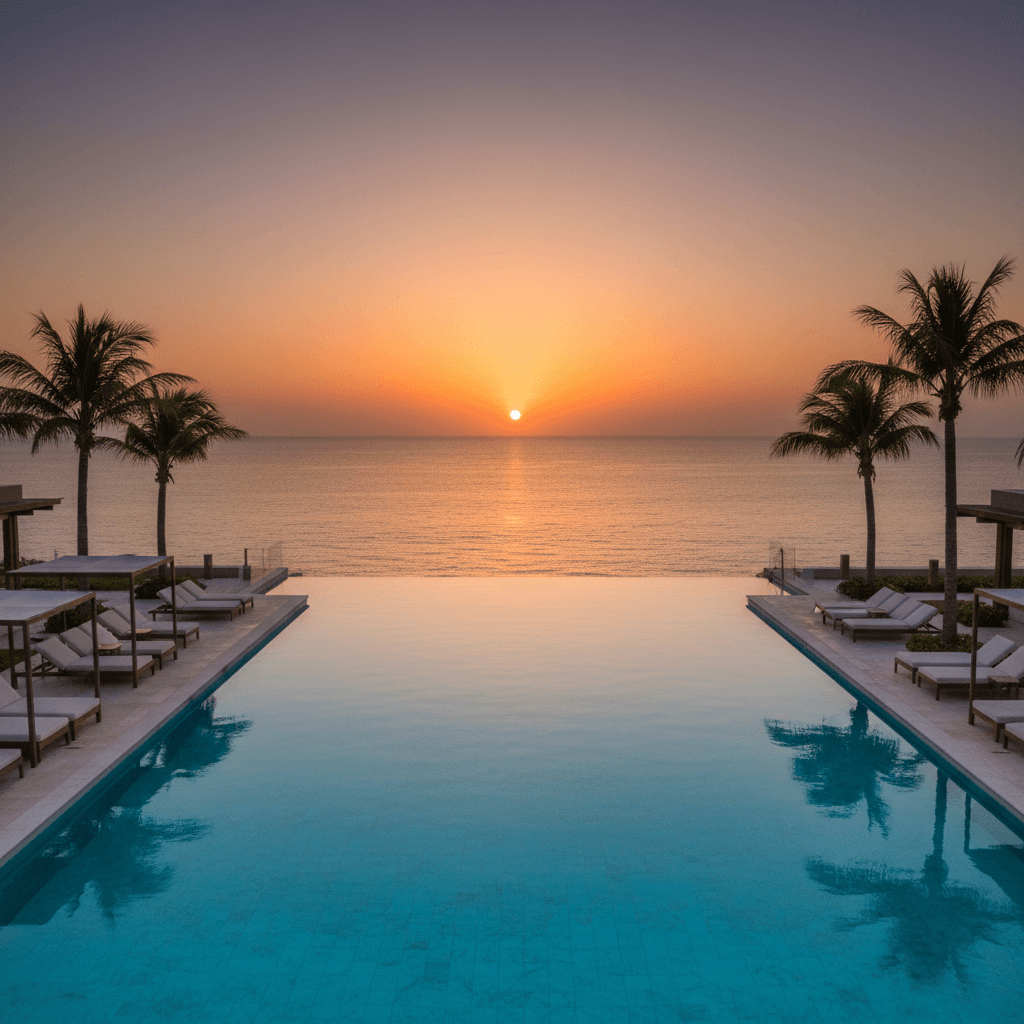 夕暮れ時の美しいインフィニティプール。遠くにはエメラルドグリーンの海が広がっている。