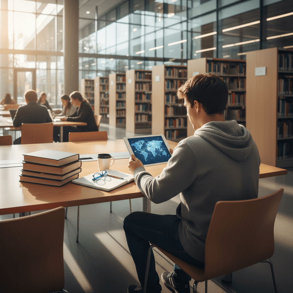 大学の図書館で世界地図を広げ、タブレットで将来の計画を立てている学生の背中。窓からは明るい光が差し込んでいる。