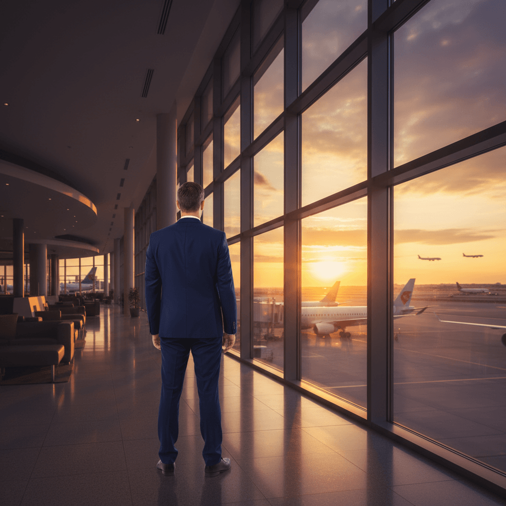 空港の窓から滑走路を眺める30代男性の後ろ姿