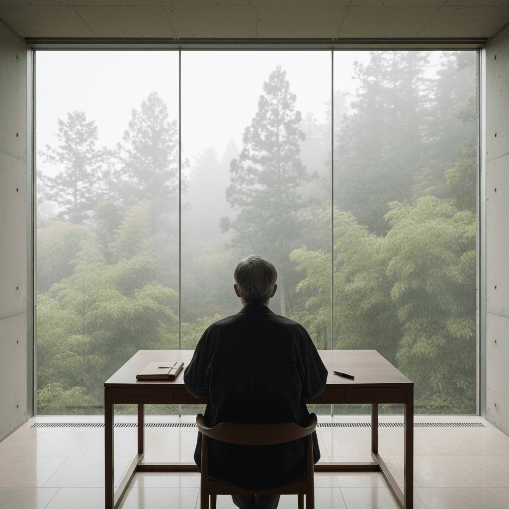 静かな森に面した書斎で執筆に耽る男性の背中