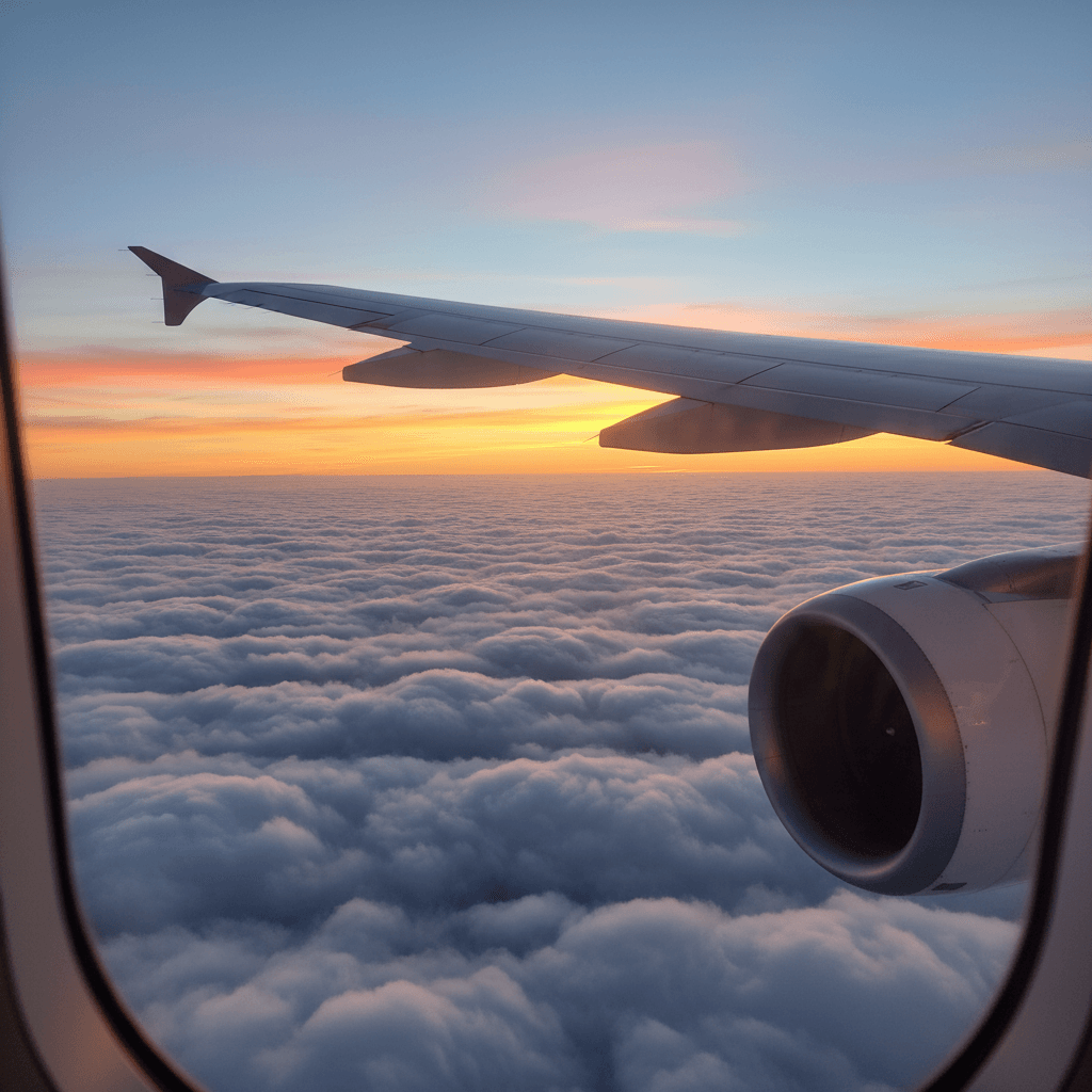 雲海の上を飛ぶ飛行機の翼。美しい朝焼けのオレンジ色と青色のグラデーション。