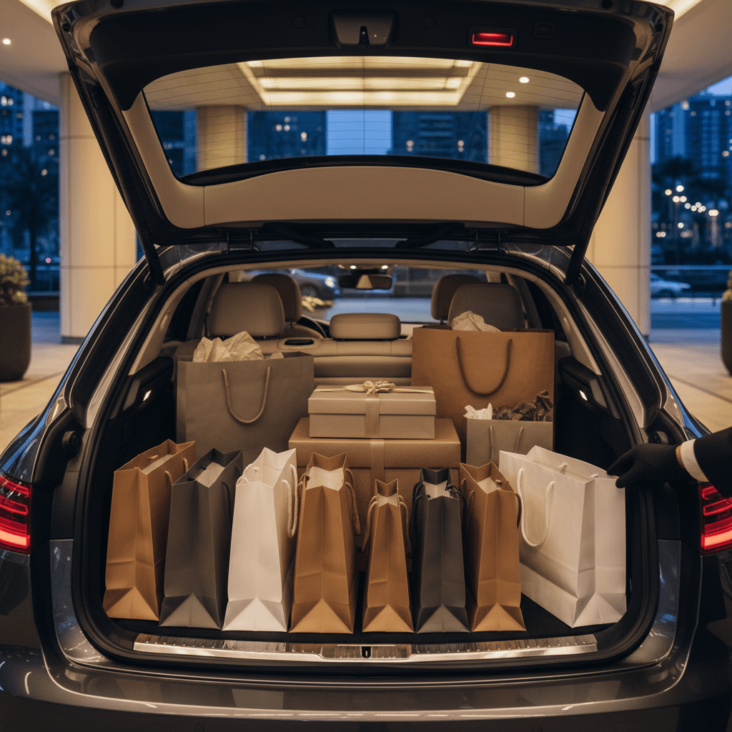 高級車のトランクに積み込まれた、ブランドロゴのない上質なショッピングバッグの数々。