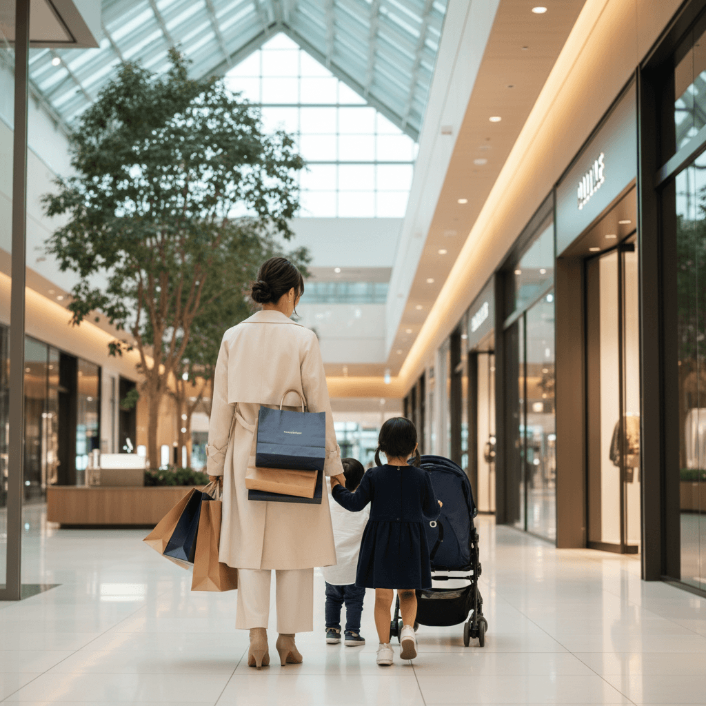 明るくモダンなショッピングモールを歩く、30代の日本人女性と二人の子供の背後からのカット。女性は買い物袋を持ち、子供たちは楽しそうに歩いている。清潔感のある雰囲気。