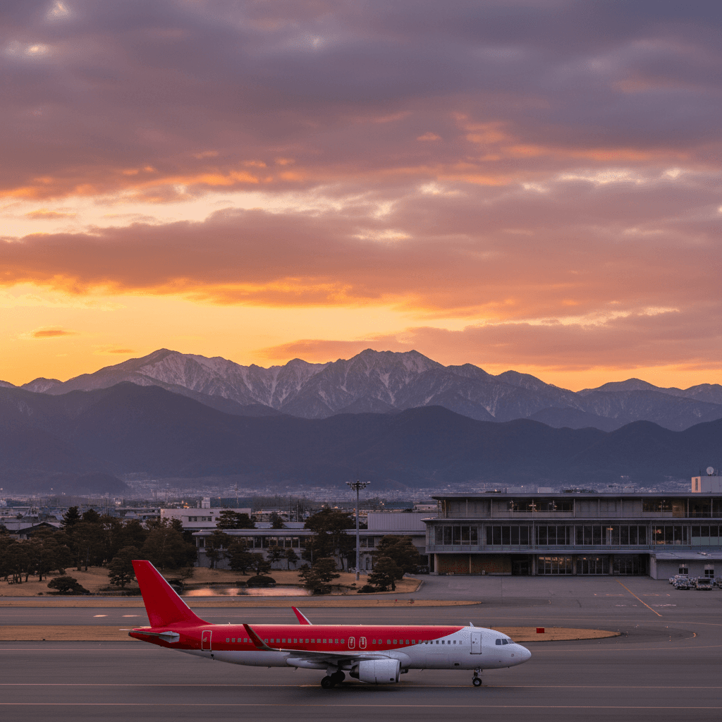 地方空港の滑走路に駐機するJALの機体と美しい夕景