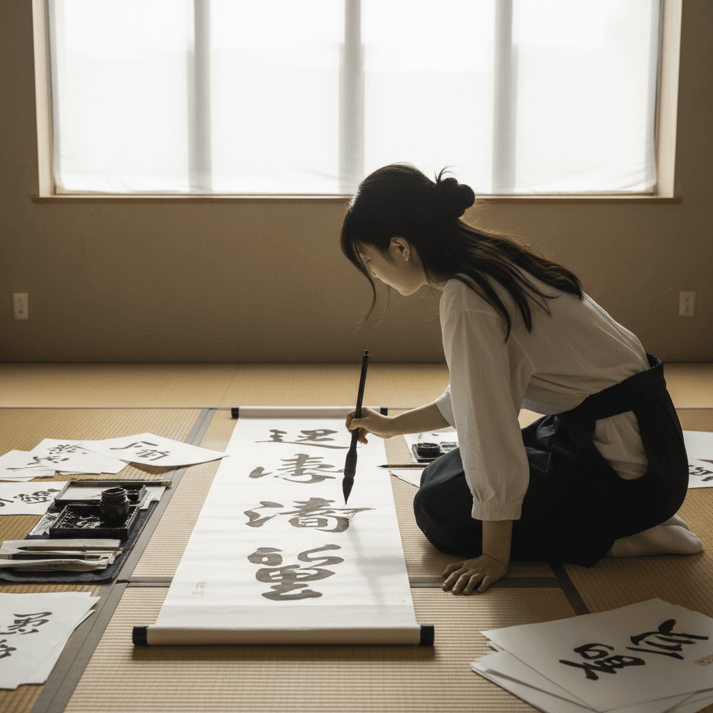 アトリエで作品制作に没頭する若手書道家の後ろ姿