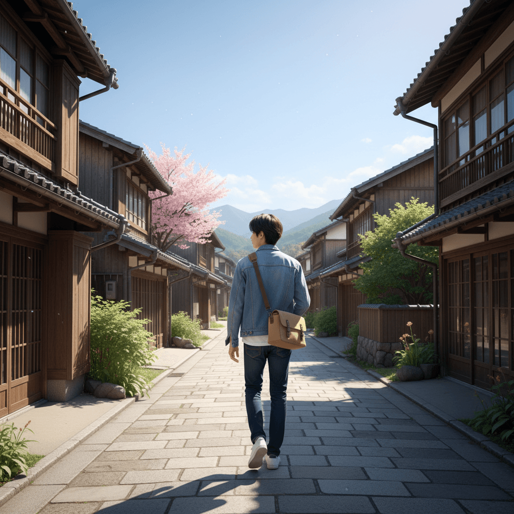 日本の地方都市の静かな通りを歩く、20代の日本人男性の後ろ姿。カジュアルな服装で小さな旅行カバンを持っている。背景には伝統的な建物と青空が広がっている。