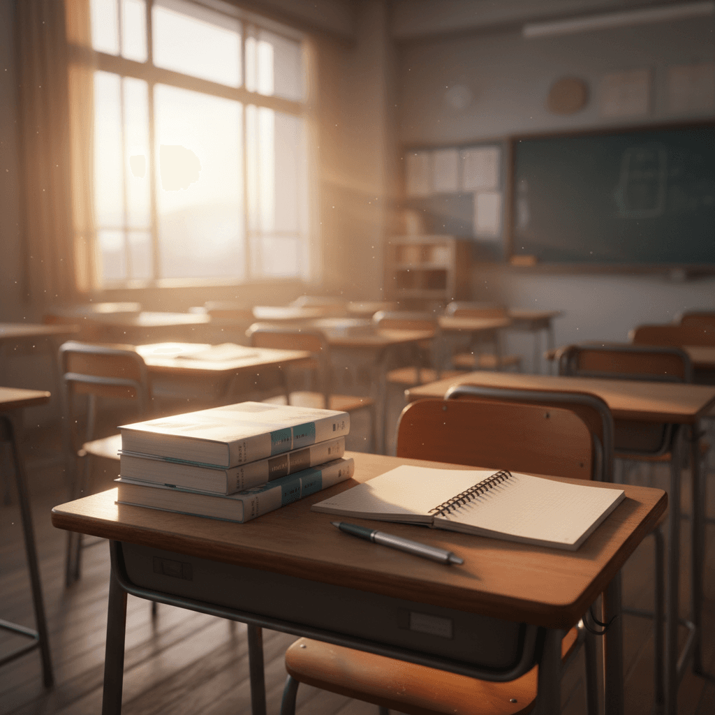 合格発表後の静かな教室の風景。窓から夕日が差し込み、机の上には参考書とノートが置かれている。